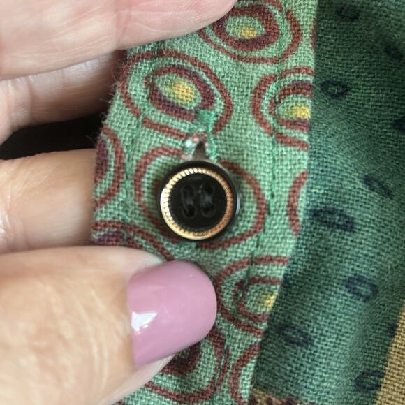 Luc Matton Mens Shirt XL Green Red Mixed Print Long Sleeve Linen Blend Designer - Picture 7 of 9